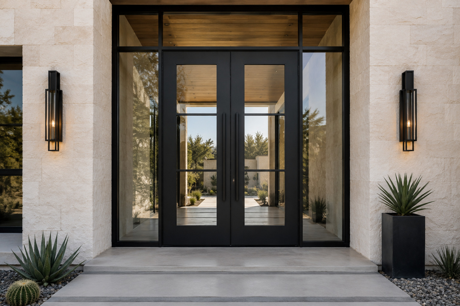 Double iron entry doors on a high-profile Texas home facade