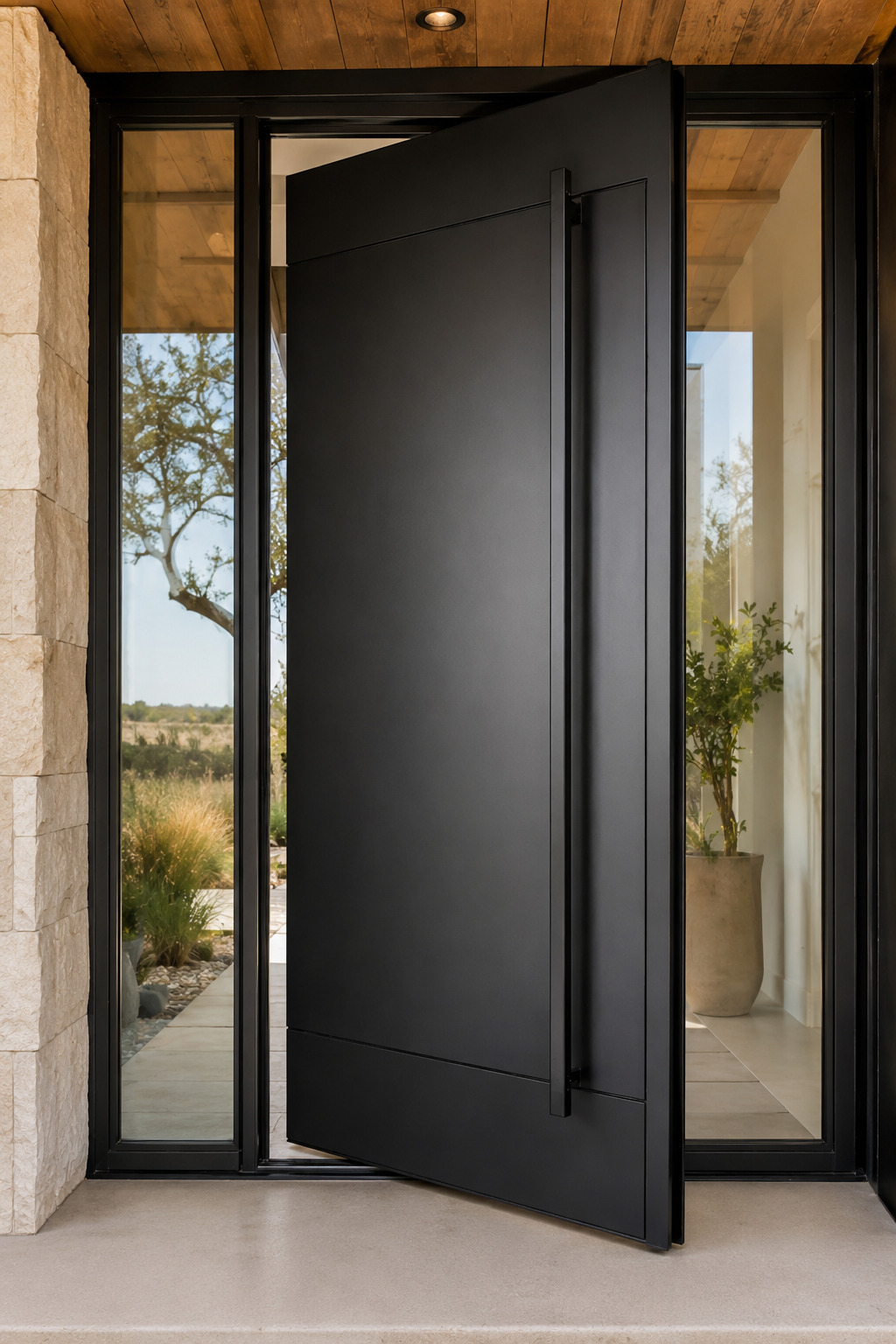 Custom pivot iron door installed in a modern Texas entryway