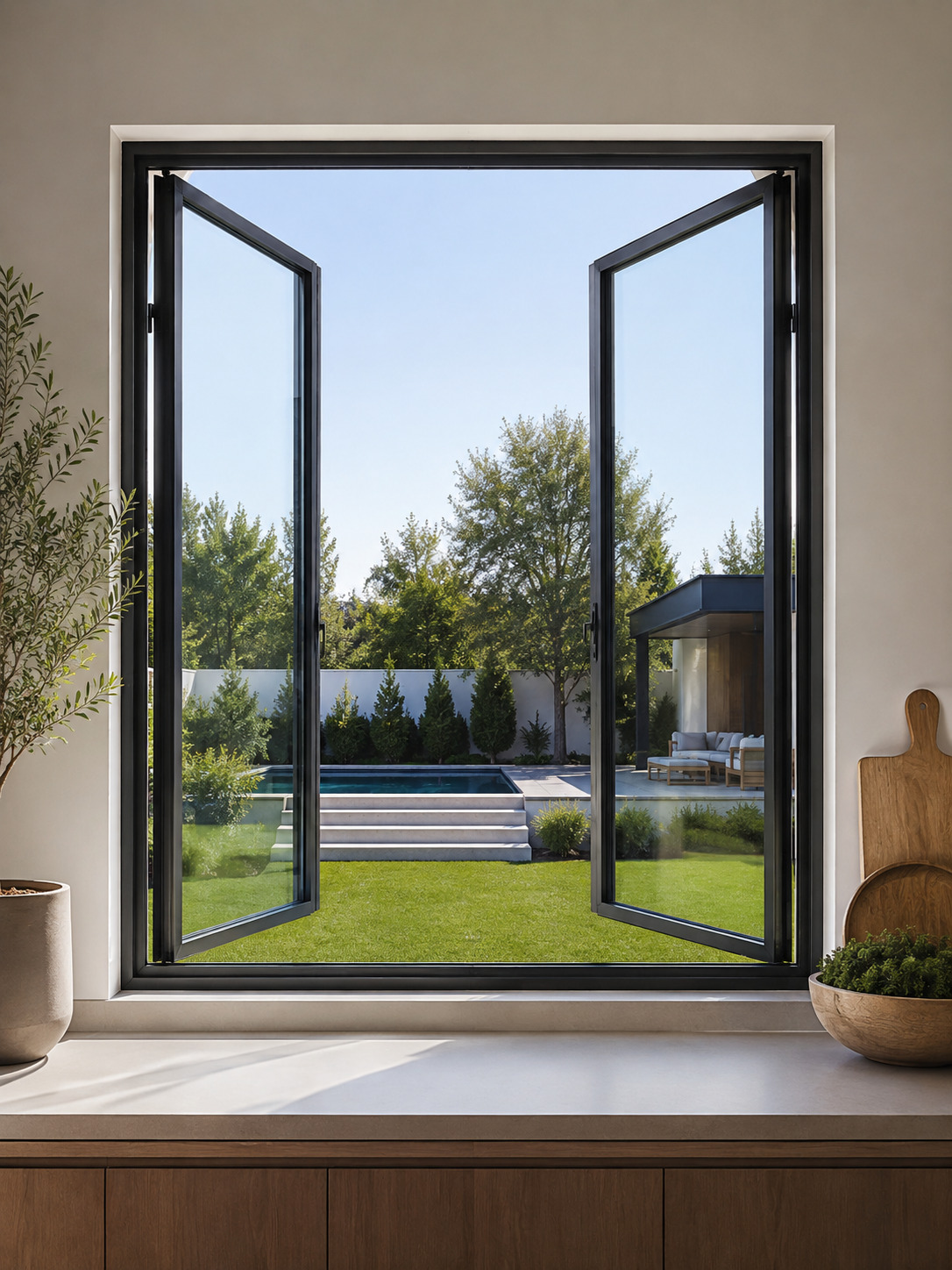 Aluminum casement window with slim black frame